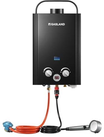 GASLAND BE158B - Scaldabagno a gas, 6 l, 30/37 mbar, sistema di doccia calda senza serbatoio con maniglia portatile, scaldabagno GPL istantaneo per la doccia da campeggio Road Trip Hot Tap Lpg Shower