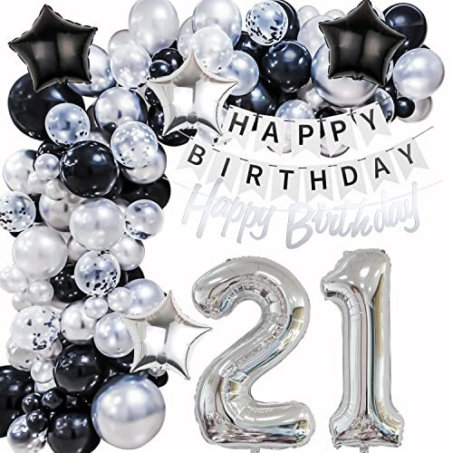 Geburtstagsdeko 21 Jahre Männer, 21 Geburtstag Deko Silber Schwarz, Ballon Girlande Deko 21 Geburtstag, Männer Frau Geburtstagsdeko 21 Luftballon, Silber Schwarz 21 Jahr Luftballon Girlande