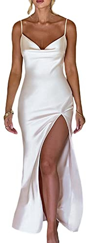 Owegvia Robe longue moulante en satin de soie pour femme avec fente haute et col bénitier et bretelles spaghetti Blanc, blanc, S