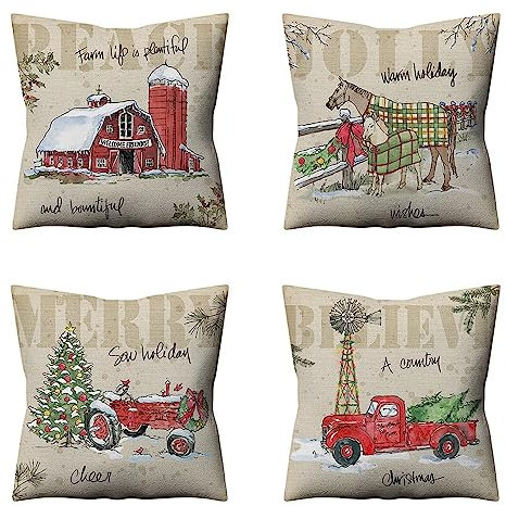 Winter Farm Car Tiere wasserdichte Kissenbezugen,4 Stück 65x65cm Dekorative Outdoor Kissen Wasserfest Atmungsaktiv Doppelseitige Leinen Kissenbezüge für Garten Bauernhaus Wohnzimmer Schlafzimmer