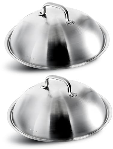 Peohud 2 Pack Cheese Melting Dome,12 Inch Cloche for Food, Stainless Steel Round Basting Cover for Burger, Steam Wok Cover, Heavy Duty Griddle Accessories for Flat Top Grill Cooking Indoor Outdoor