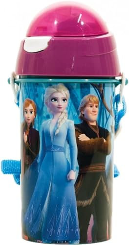 Golddunes Kids Fun Cartoon Character Flip Top Re-Usable Water Bottle With Strap & Built in Re-Usable Straw 500ML (Frozen)