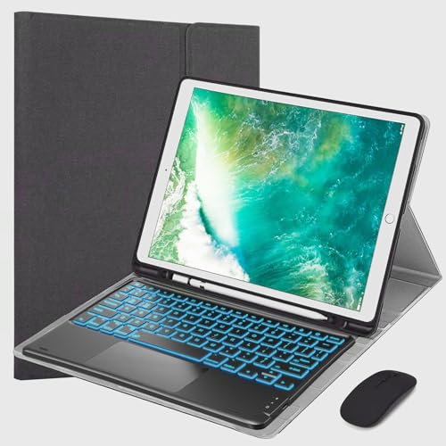 VLEAQC Keyboard Case for iPad Pro 12.9 inch 2017/2015 (Old Model, 2nd & 1st Generation), 7 Colors Backlit Bluetooth Touch Keyboard and Mouse,Lightweight [Cloth Texture] Folio Cover,Black