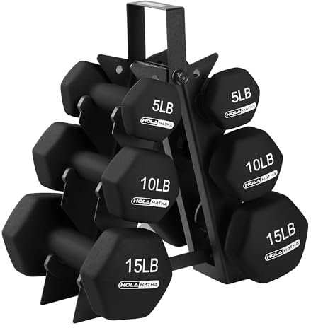HolaHatha Hex Dumbbell Weight Training Home Gym Equipment Set with 5, 10, and 15 Pound Fitness Hand Weights and Storage Organization Rack, Black