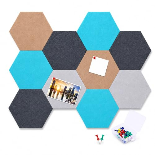 FWEEK 10PCS Panneau Liège Mural Hexagonal, Tableau en Liège avec 20 Épingles, DIY Plaque de Liège Colorée pour Maison Bureau (20x17cm)