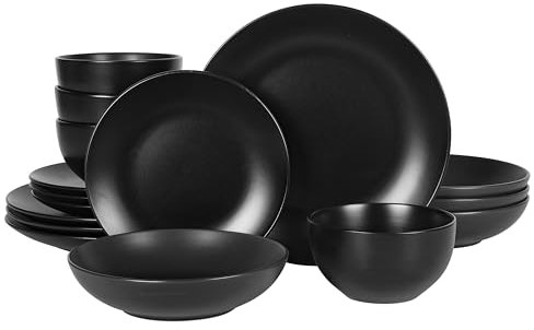 Gibson Home Queenslane 16-teiliges Geschirr-Set mit Doppelschüsseln und Tellern – Mattschwarz