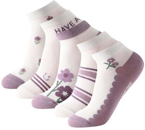 Balseti Calcetines Tobilleros Mujer Niña 85% Algodón. Pack 6 Pares Cortos, Bajos, Transpirables y Antideslizantes para Verano, con Estampado de Flores Morado, Lila, Blanco. Talla 35-41