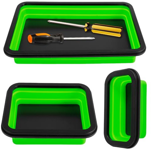 3Pcs Collapsible Magnetic Parts Tray Set 3 Different Size Magnetic Tool Tray Silicone Foldable Tool Holder for Screw, Bolts, Nuts, Washers, Pins and Other Small Metal Parts(Green)