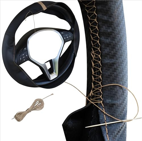 Xkeribom Lenkradbezug zum Schnüren Lenkradhülle Carbon Look Leder 12 Uhr Schwarz Beige Naht