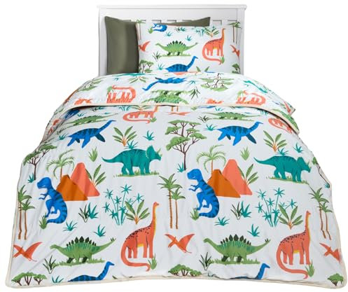 OHS Coverless Duvet 10.5 Tog, Dino Print Kids Reversible Washable Coverless Duvets Camping Sleepovers Travel Duvets Super Soft Comfy Kids Duvet with Pillowcase, Single