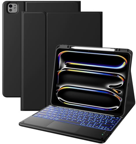 Vobafe Hülle mit Tastatur für iPad Pro 2024 13 Zoll (M4), Hochwertige PU Schutzhülle mit Stifthalter, QWERTZ-Layout iPad Pro 13 Tastatur, Multi-Touch Trackpad 7 Farben Beleuchtung, Schwarz