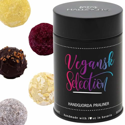 Hallingers Genuss Manufaktur Vegane Pralinen Weihnachts-Geschenk - mit & ohne Alkohol, handmade aus Confiserie-Edelkakao in wertiger Geschenkdose God Jul, vegan ..., Weihnachten Svenska