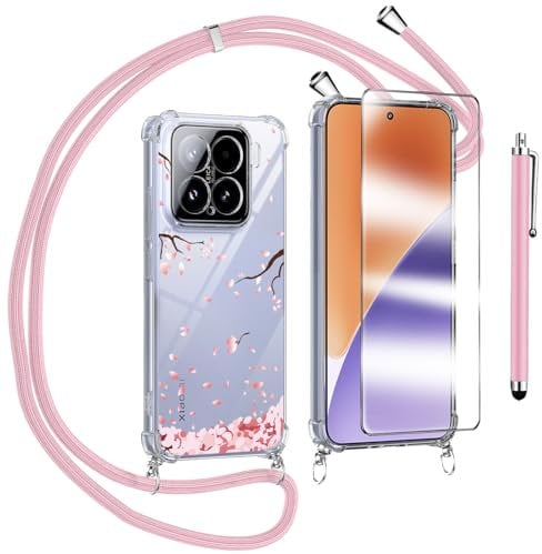 Handykette Kompatibel mit Xiaomi 15 5G Hülle mit Displayschutzfolie Schutzfolie, Necklace Handyhülle mit Abnehmbar Kordel zum Umhängen Silikon Case Schutzhülle mit Band, Rosa
