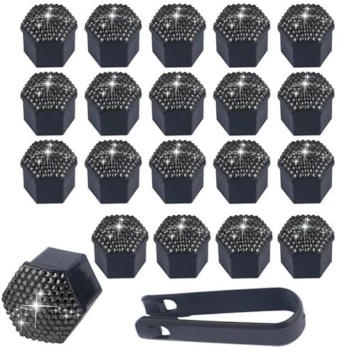 SYSUII 17mm Auto Radschraubenkappen, 20 Stück Radmutternkappen Mit Entfernung Werkzeug Sechskant-Reifen Bling Diamant Muttern-abdeckungen Radbolzen Kappen Rad Mutter Cap Radbolzen Schutz Cover-Schwarz
