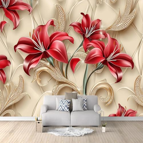 Vlies Fototapete Moderne Exquisite Blumen Motiv 350 x 256 cm Wandbild Wandtapete Schlafzimmer Wohnzimmer Moderne Vliestapete Rot Gold Wandtapete Motivtapeten 3d Effekt Wand Dekoration