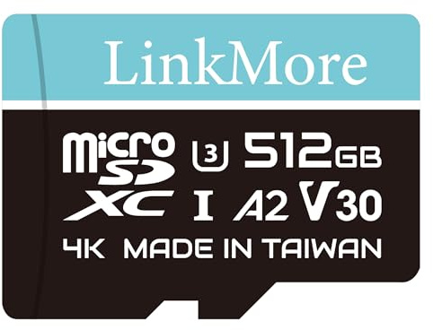 LinkMore Carte Micro SD Lite 512 Go, A2, UHS-I, U3, V30, compatible classe 10, lecture séquentielle maximale jusqu'à 100 Mo/s, écriture séquentielle maximale jusqu'à 85 Mo/s, adaptateur SD inclus