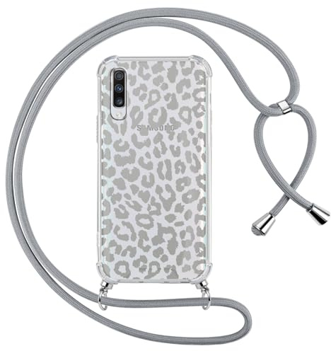 ZhuoFan Handyband Handyhülle für Samsung Galaxy A50/A30S/A50s Hülle 6,4 mit Band, Transparent Aesthetic Leopard Muster Cover mit Kordel zum umhängen Necklace Grau Case Silikon PC Schutzhülle, 04
