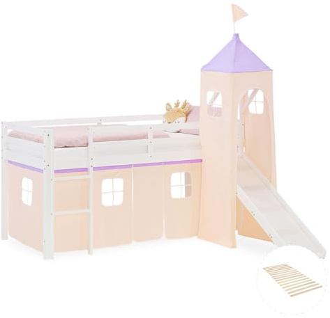 Homestyle4u Hochbett 90x200 mit Rutsche, Massivholz Kinderbett Weiß | Spielbett aus Kiefer inkl. Lattenrost, Turm und Vorhang in Beige Lila, Sicherheitsnorm EN 747-1/2, Baumwollstoff