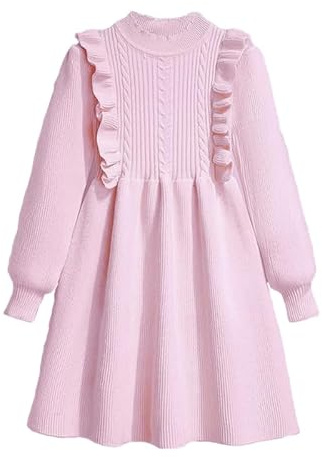 OrJana Vestito in Maglia per Bambina, Lavorato a Coste con Volant, Manica Lunga, Stile Principessa, Taglia 2-8 Anni