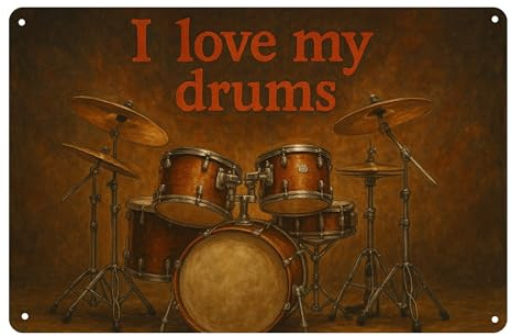 AstraDesign Blechschild „I Love My Drums“ 20x30cm – Vintage Metallschild mit Schlagzeug-Motiv – UV-beständig – Wanddeko für Musiker, Drummer & Rockfans