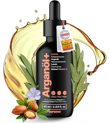 IMPERIO Arganöl kaltgepresst mit hochwertigem Retinol (Vitamin A) | 60ml | Für Haare, Haut, Nägel & gegen Falten | 100% naturreines Pflegeöl mit Leinsamen Extrakt | Marokkanisches Argan Oil (1er Pack)