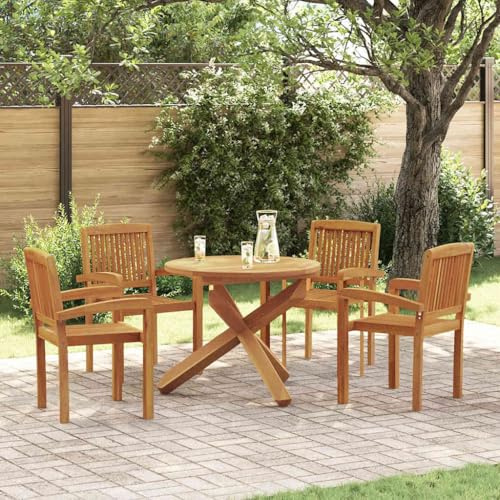 Tonture 5-TLG. Garten-Essgruppe Massivholz Teak, Ø 90cm Tisch mit 4 Stapelstühlen, Witterungsbeständig für Terrasse, Balkon, Esszimmer, Langlebige Outdoor Patio Möbel