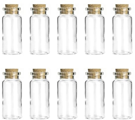 10 PCS Mini Flacons en Verre avec Bouchon en Liège 10 ml, Verre renforcé Fiole à Remplir 5,5 x 2,2 cm, pour Mariage, DIY, Épices, Messages, Cadeaux d’Invités, Décoration de Table, Souvenirs, Artisanat