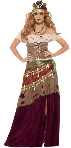 Smiffys Deluxe Voodoo-Priesterin-Kostüm, Mehrfarbig, mit Kleid, Schärpe, Hut und Halskette