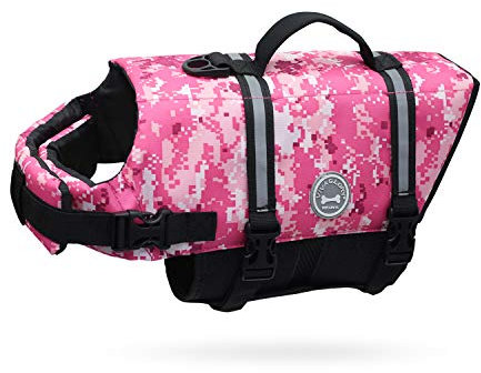 VIVAGLORY Rip Stop Schwimmweste Hund, Hundeschwimmweste, Schwimmhilfe & Auftrieb, Rettungsweste Hund für Bootfahren, S, Tarnrosa