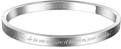 AURSTORE® Bracelet Jonc Fin en Acier Inoxydable 316L avec Message de Fais de ta Vie Un rêve et tes rêves Une réalité Largeur 4 mm Couleurs au Choix (Argenté)
