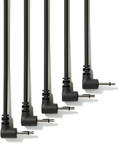 ExcelValley - 5-Pack - Rechtwinkliger Mono Modular Patchkabel - 3,5mm 1/8 Eurorack Synthesizer [Schwarz | 90 cm - 35,43]