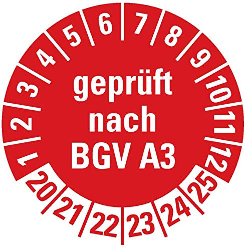 100 Stück - Prüfplakette Mehrjahresprüfplakette geprüft nach BGV A3 | 20-25 Elektro Prüfung Etikett Folie Aufkleber, rot | Ø 20mm Made in Germany