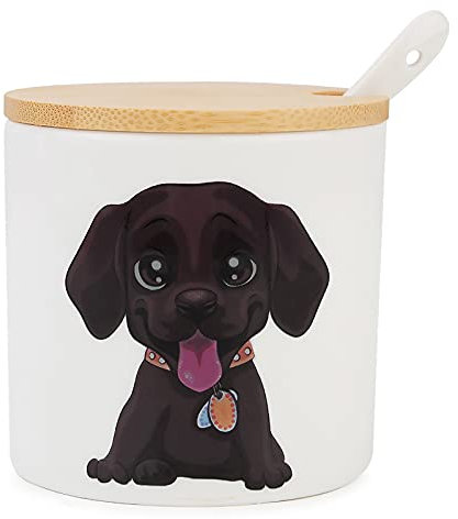 Kitchenexus Ceramic Sugar Bowl, Porcelain Sugar Bowl with Wooden Lid and Stainless Steel Spoon 9oz/266ml with Dog Pattern, Suit for Coffee Bar, Kitchen and Home breakfast, Best Gift for Dog Lovers