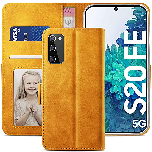 YATWIN Handyhülle Kompatibel mit Samsung Galaxy S20 FE Hülle, Klapphülle Samsung S20 FE Premium Leder Brieftasche Schutzhülle [Kartenfach] [Magnet] [Stand] Handytasche Case, Gelb Braun