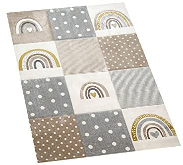 CARPETIA Kinderteppich Kinderzimmer Spiel Teppich Herzchen Regenbogen Punkte Design Creme beige grau Größe 80x150 cm