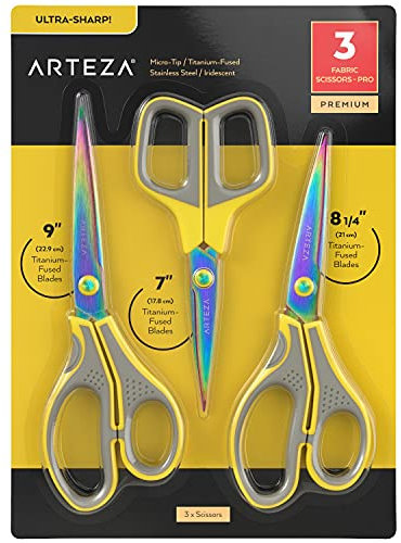 Arteza Tijeras de Tela, Juego de 3 (17,8 cm, 21 cm y 22,9 cm), Tijeras de Acero Inoxidable Recubierta de Titanio con Micro Puntas, Materiales de Costura para Cuero, Corte y Confección y Manualidades