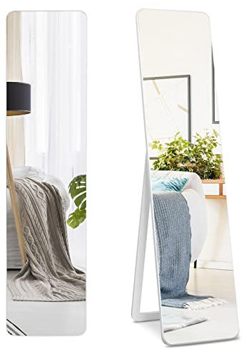 GIANTEX Standspiegel & Hängespiegel in Einem, Ganzkörperspiegel mit Weiß Massivholzrahmen, Garderobenspiegel Flurspiegel Stand-Ankleidespiegel 160x37 cm für Ankleidezimmer, Wohnzimmer