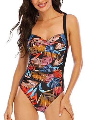 WIN.MAX One Piece Swimming Costume Tummy Control Swimsuit Ruched Padded Swimwear, Plus Size Bathing Suits for Women Vintage Push Up Monokinis for C to DD Cup(LF,UK14)
