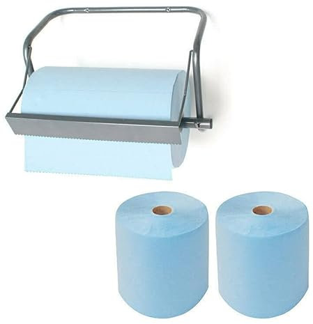 DeTec Putztuch - Wandhalter für Rollen, Shop-Handtücher, Metallblau bis 40 cm breit + 2 x Putztuchrolle 3-lagig
