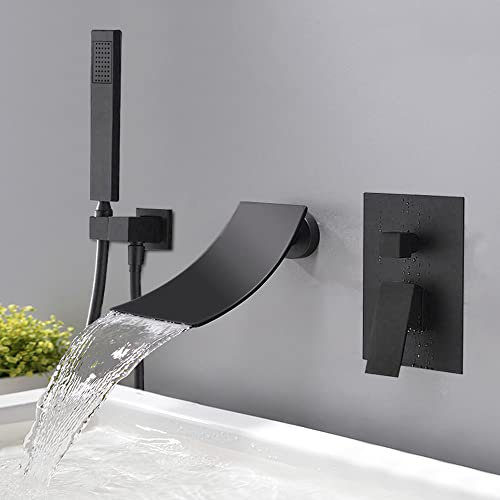 Wasserhahn Wasserfall Wandmontage Badewannenarmatur Schwarz Mit Handbrause Duschsysteme Wannenarmatur Wasserfall Auslauf Wandhalterung Einhandmischer Wasserhahn Badewanne Für Bad Dusche