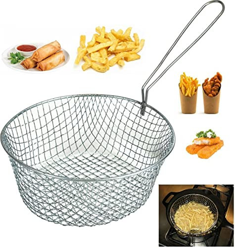 (HoF)® 7/ 8 / 9 Round Frying CHIP PAN Wire MESH Basket with Handle Fryer Strainer Fries (8 INCH)