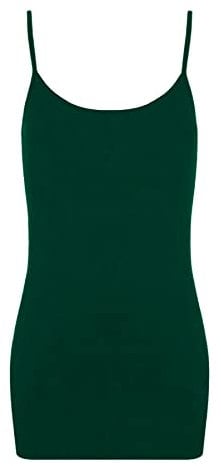 LUXE DIVA Womens Plain Sleeveless Round Scoop Neckline Stretch Slim Straps Strappy Straight Fitted Camisole T-Shirt Vest Body fit Summer UK Size 8-26 Bottle Green
