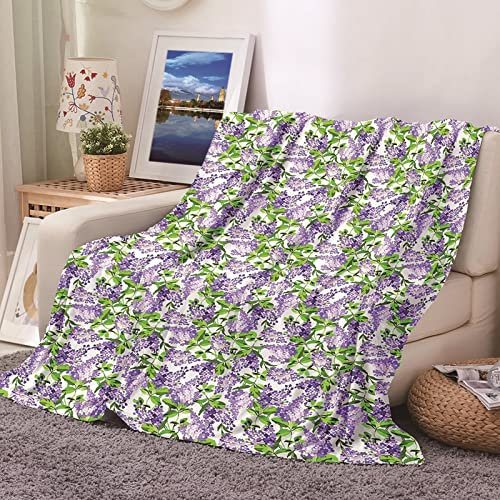 Daesar Wohndecken Kuscheldecken 100X150, Decke Warm Winter Violett Blumen und Blätter Muster Fleecedecke für Sofa