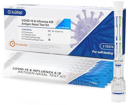 Fastep Kombitest Corona & Influenza A/B Schnelltest (3 in 1) 5 Stück, Grippe und SARS-CoV-2 Test für zuhause, Laientest Nasal, Coronatests Selbsttest Bausatz
