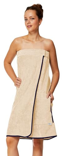 Sowel® Saunakilt Damen, 100% Bio-Baumwolle, Saunahandtuch mit Klettverschluss und Gummizug, Saunatuch Knielang, 80 x 130 cm, Sand/Navy