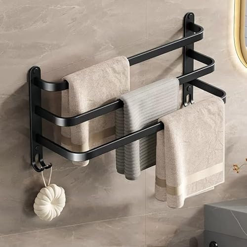 Porte Serviette Salle de Bain sans Percage, Porte Serviette sur Pied Murale, avec 2 Crochets, 60 cm Noir (3 Couches)