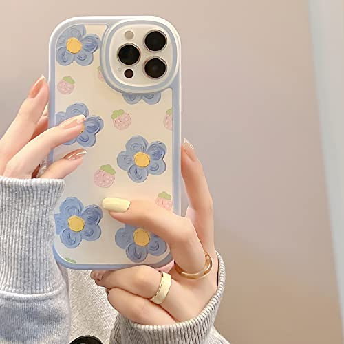 LIUJINCAN Compatible with iPhone 12 mini Case - Lovely Pink Berry and Blue Painting Floral - Full Camera Lens Protection - Kawaii Slim Soft TPU Silicone Bumper Case for Women and Girls
