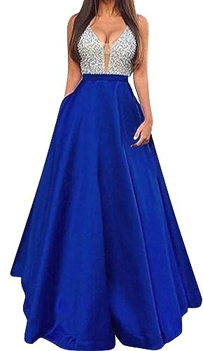 Vestido de Novia sin Mangas con Cuello en V para Mujer Elegante Fiesta de Noche Vestidos Largos Ajustados Vestido Mujer Ceremonia (Blue, S)