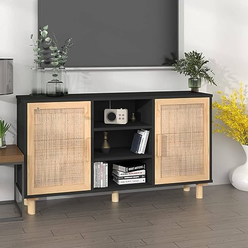 Homgoday Sideboard Schwarz 105x30x60 cm Massivholz Kiefer Natur-Rattan Aufbewahrungsschrank Beistellschrank viel Stauraum Anrichte Standschrank Mehrzweckschrank Schrank für Wohnzimmer