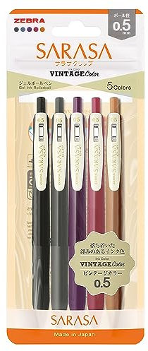 ZEBRA Gel-Kugelschreiber Sarasa Clip, 0,5 mm, Vintage-Farbe, extra Farbe, 5 Stück, NJJ15-5C-VI2-N